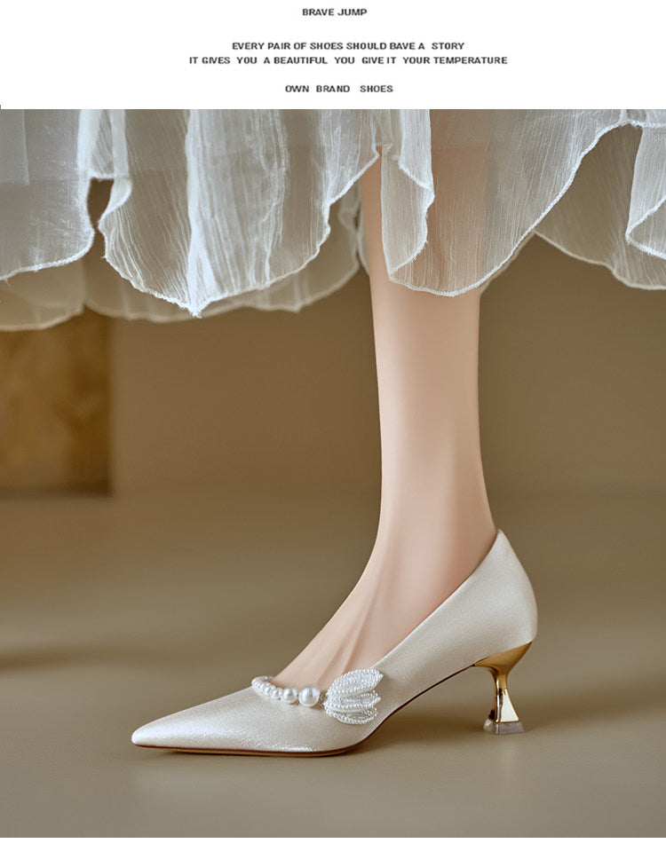 Women Soft Leather French Pointed Toe Pearl Thin Heel Pumps