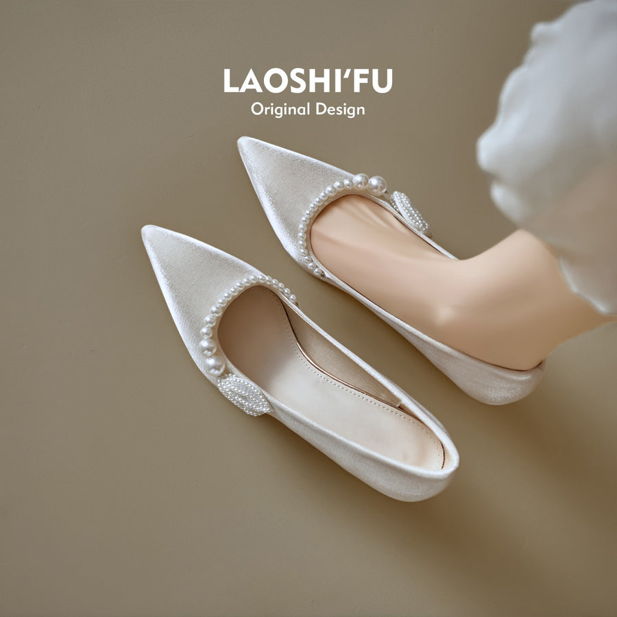 Women Soft Leather French Pointed Toe Pearl Thin Heel Pumps