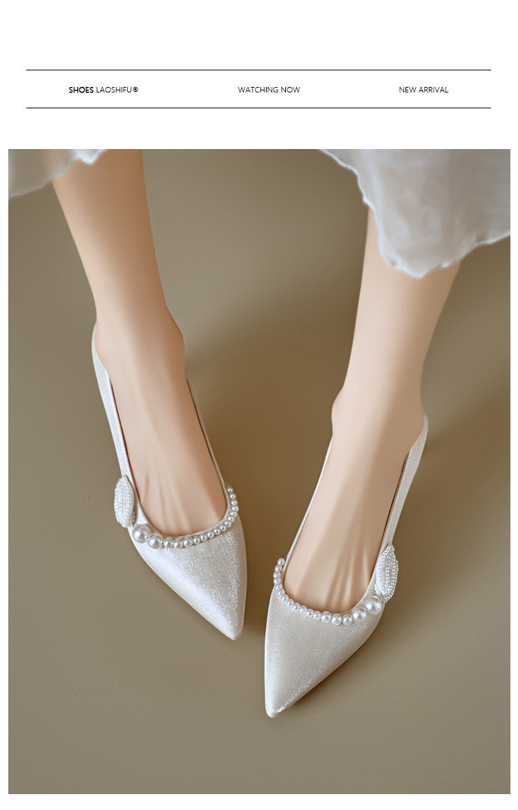 Women Soft Leather French Pointed Toe Pearl Thin Heel Pumps
