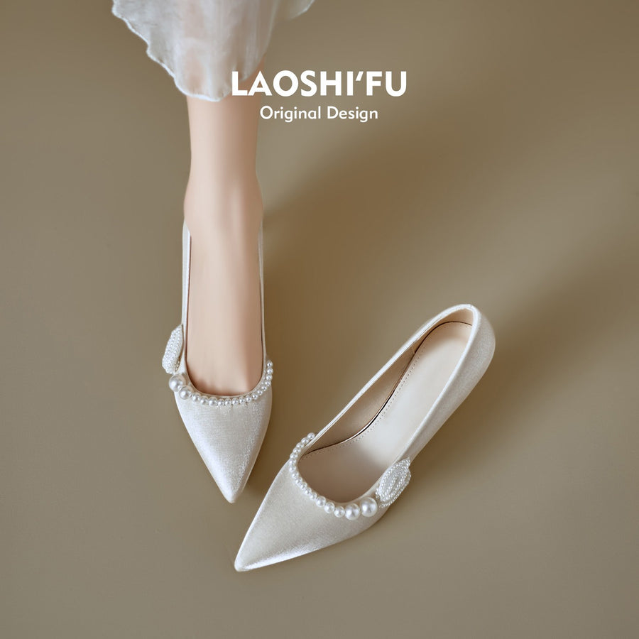 Women Soft Leather French Pointed Toe Pearl Thin Heel Pumps