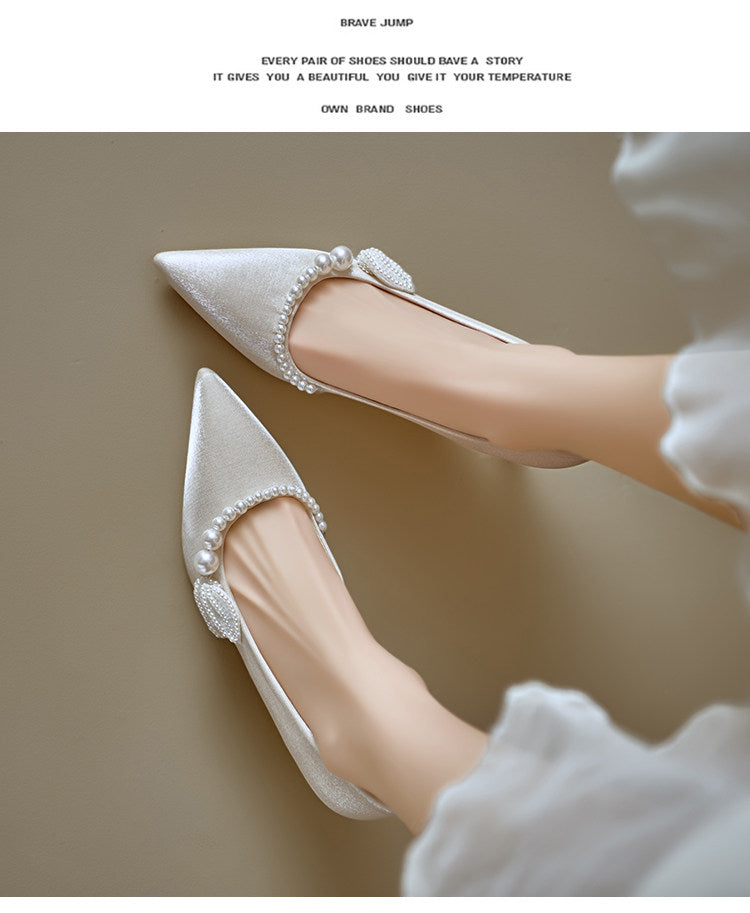 Women Soft Leather French Pointed Toe Pearl Thin Heel Pumps