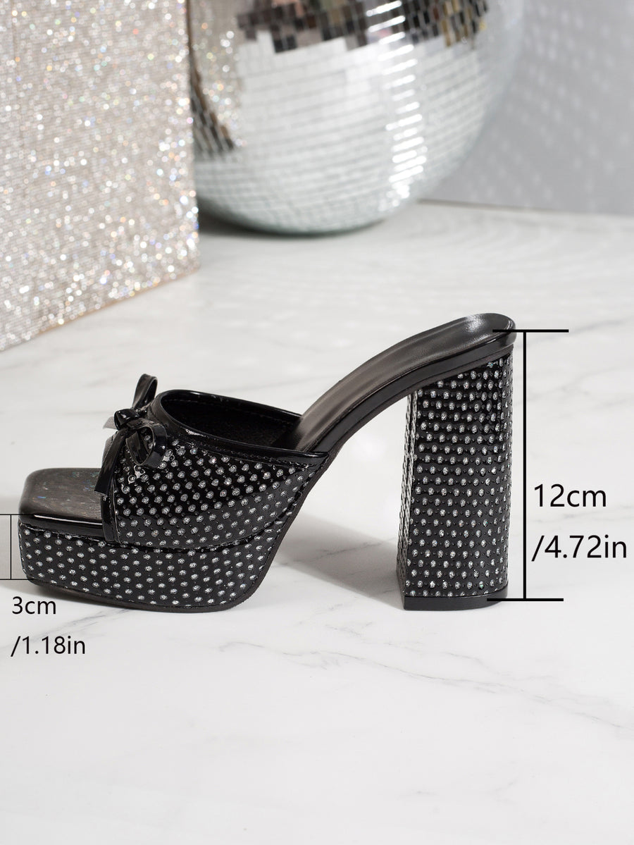 Women Rhinestone Bow Platform Block Heel Mules - Sandals
