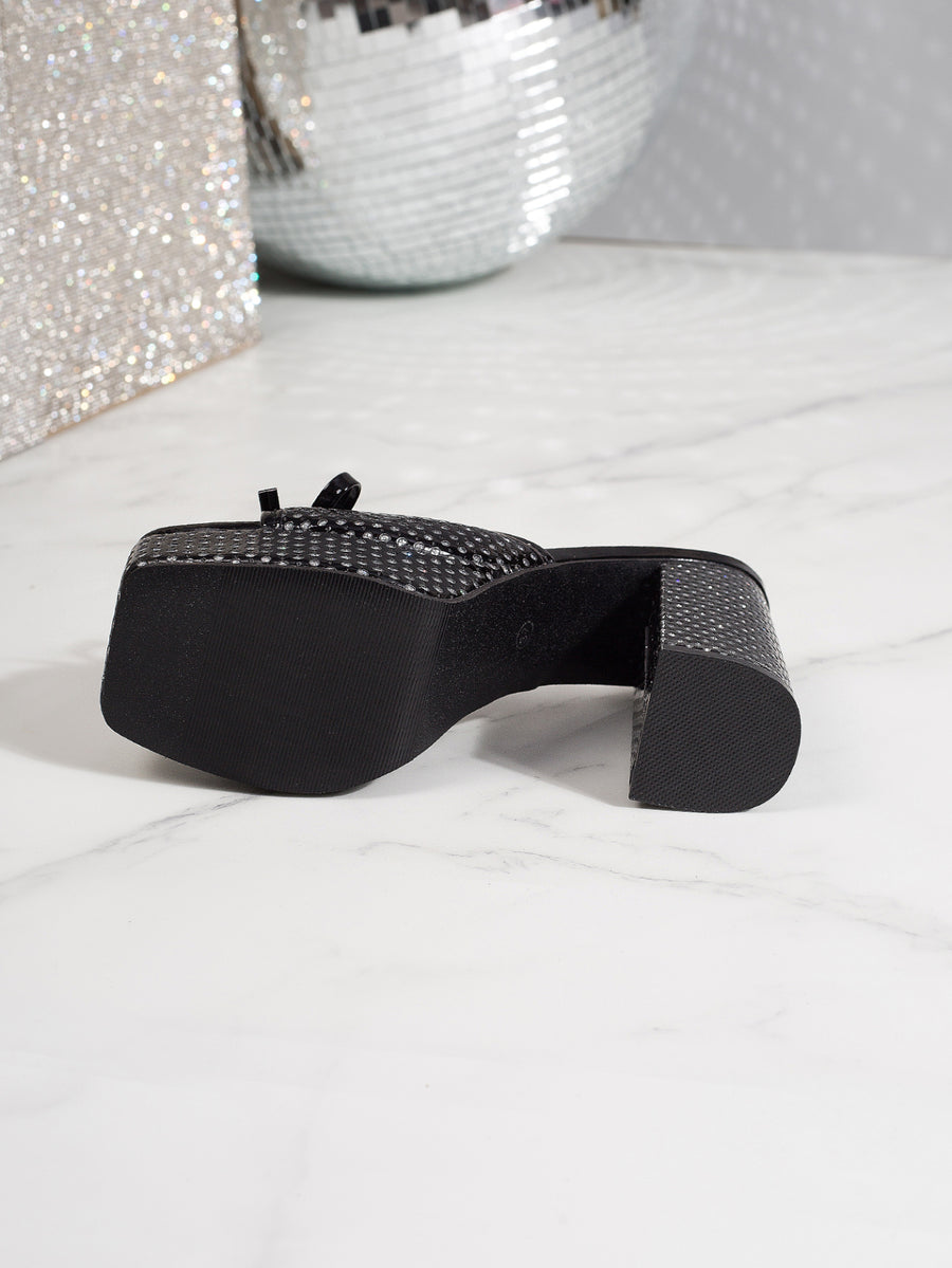Women Rhinestone Bow Platform Block Heel Mules - Sandals