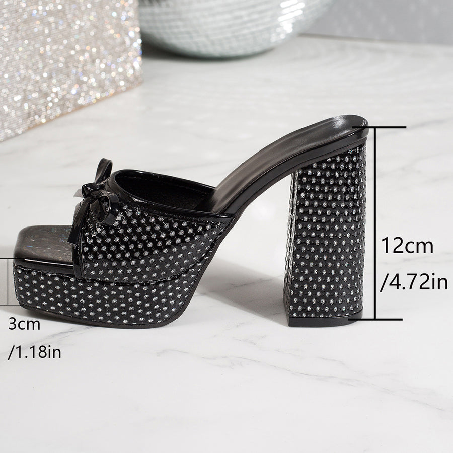 Women Rhinestone Bow Platform Block Heel Mules - Sandals