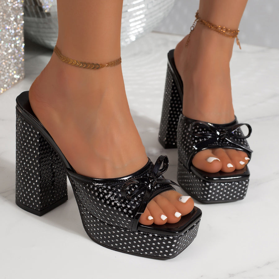 Women Rhinestone Bow Platform Block Heel Mules - Sandals