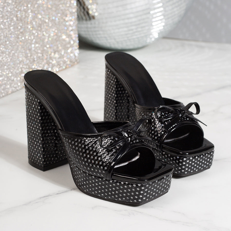 Women Rhinestone Bow Platform Block Heel Mules - Sandals