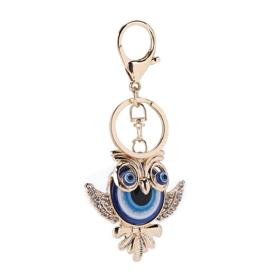 Rhinestone Keychain with Owl Blue Turkish Evil Eye Pendant