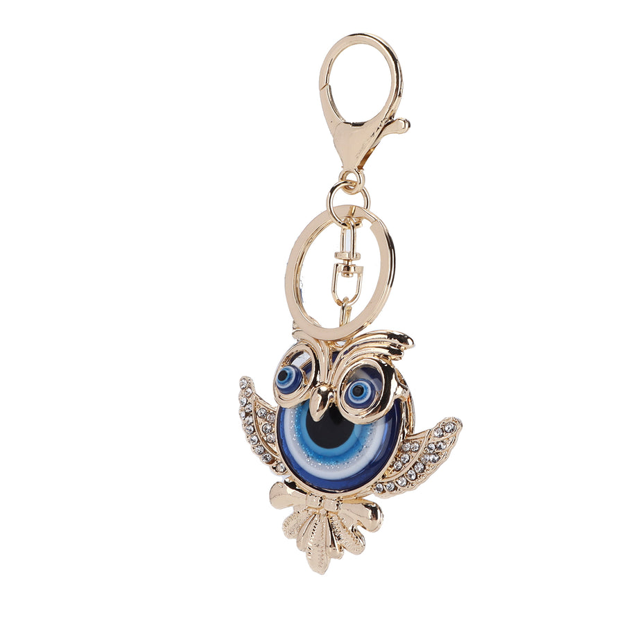 Rhinestone Keychain with Owl Blue Turkish Evil Eye Pendant