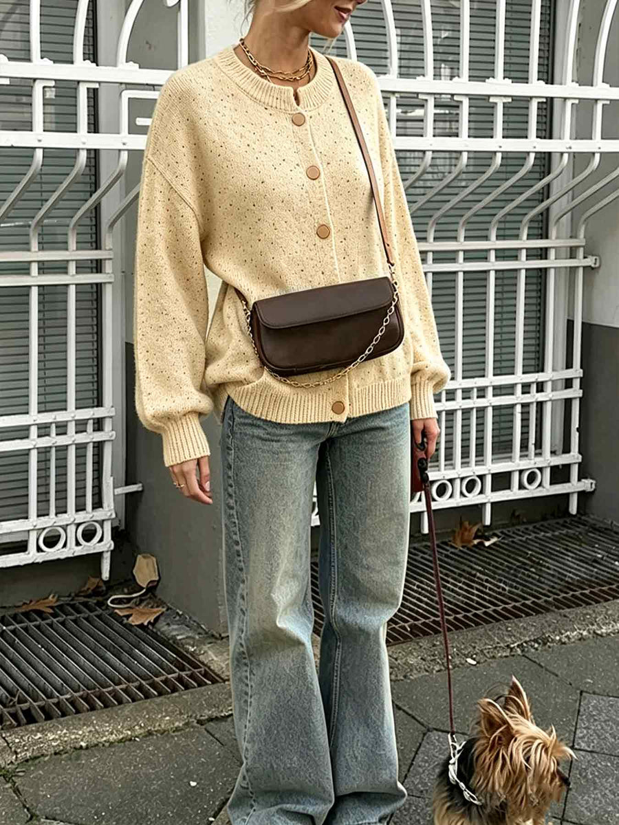 Women Vintage Speckled Knit Cardigan with Balloon Sleeves