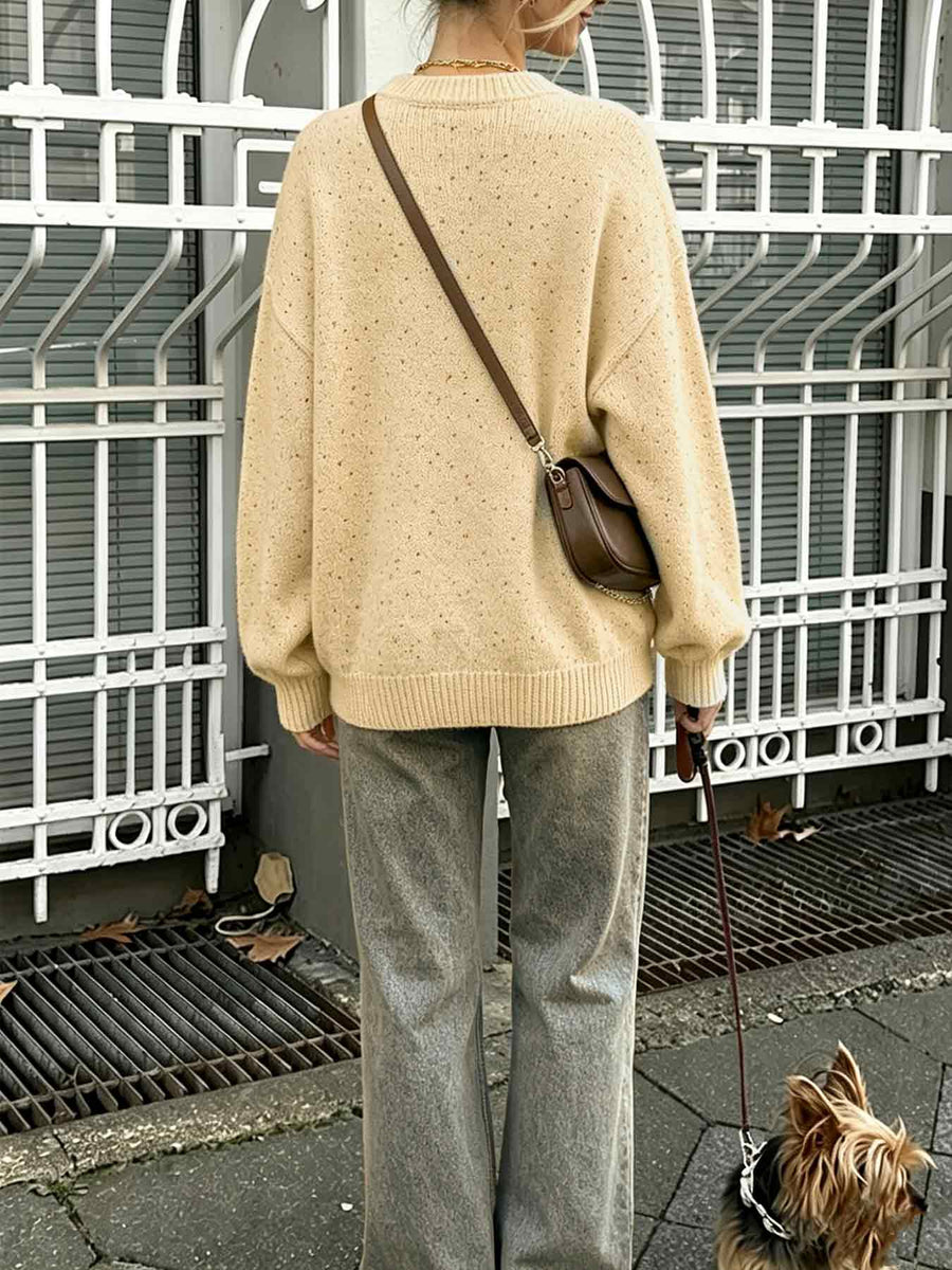 Women Vintage Speckled Knit Cardigan with Balloon Sleeves