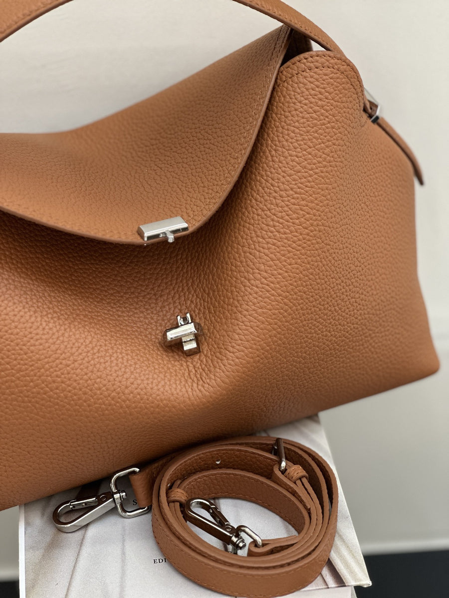 Genuine Leather Women's Handbag with T-shaped Lock