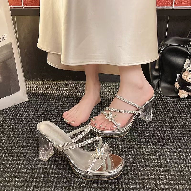 Gorgeous Women's Rhinestone High Heel Slide Sandals