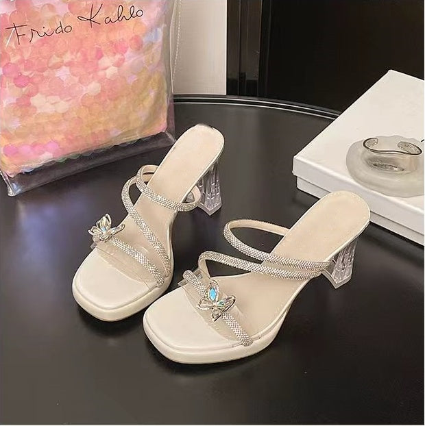 Gorgeous Women's Rhinestone High Heel Slide Sandals