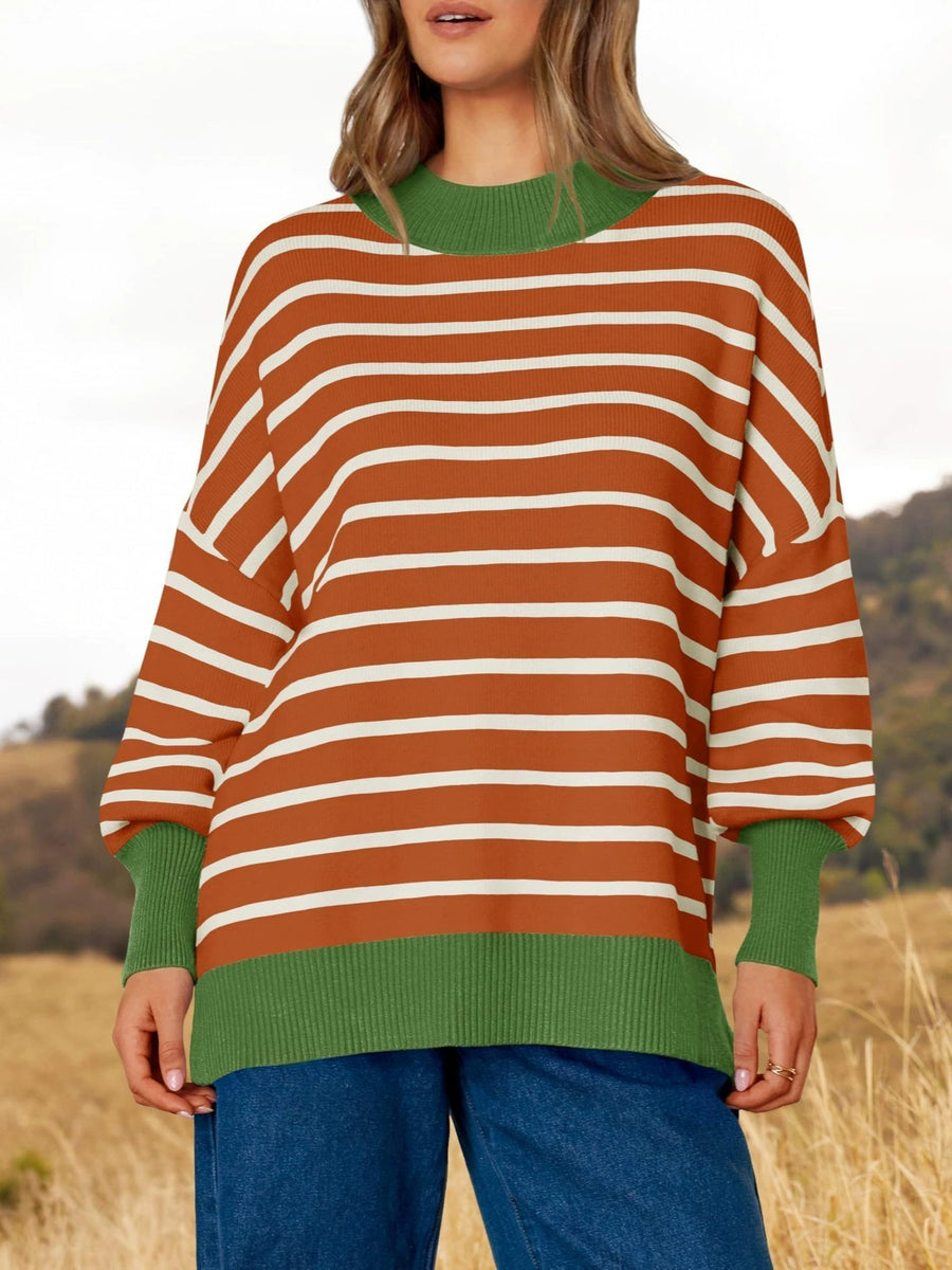 Contrasting Round Neck Striped Pullover Sweater for Women