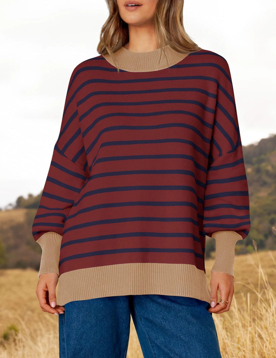 Contrasting Round Neck Striped Pullover Sweater for Women