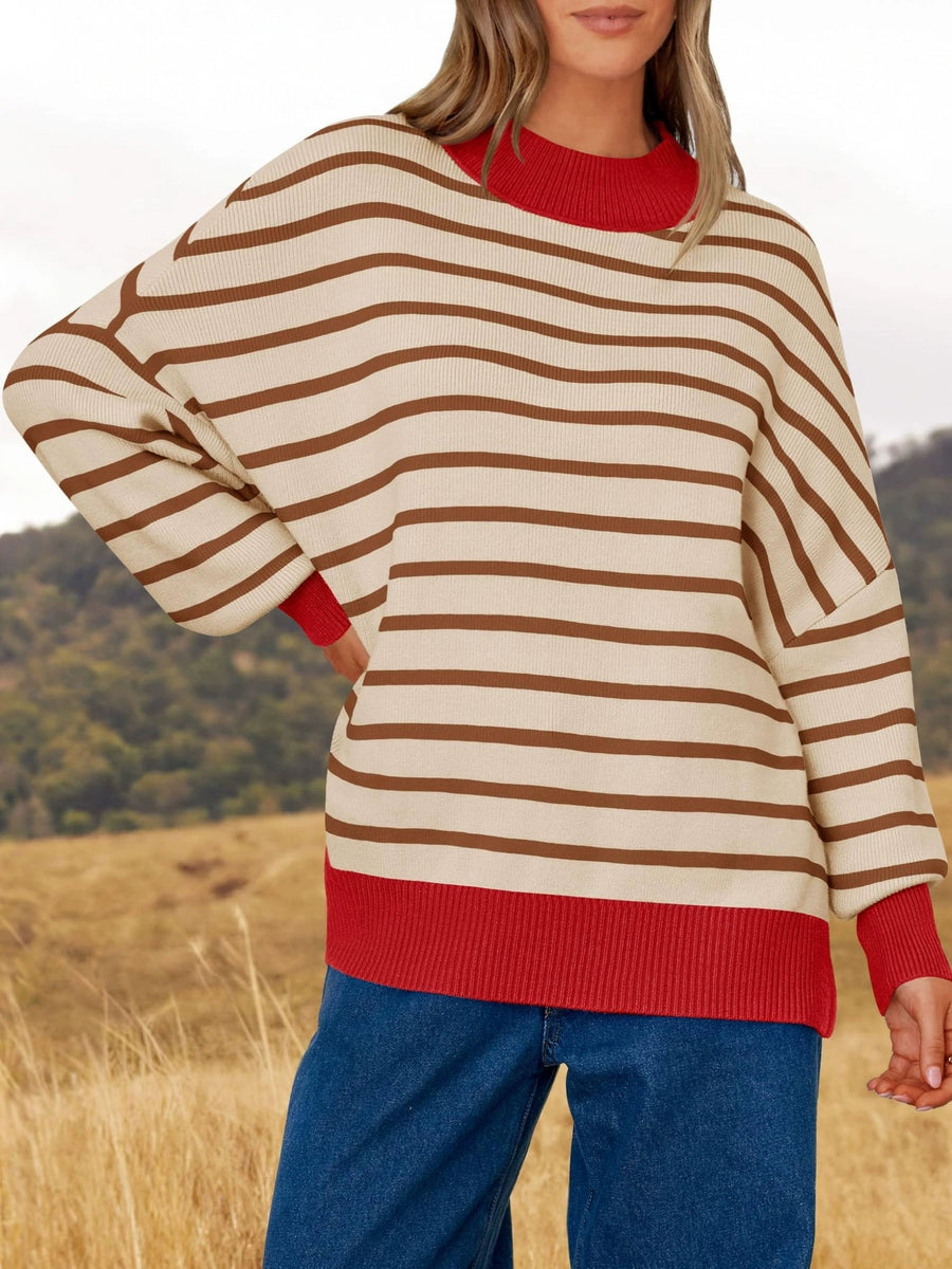 Contrasting Round Neck Striped Pullover Sweater for Women