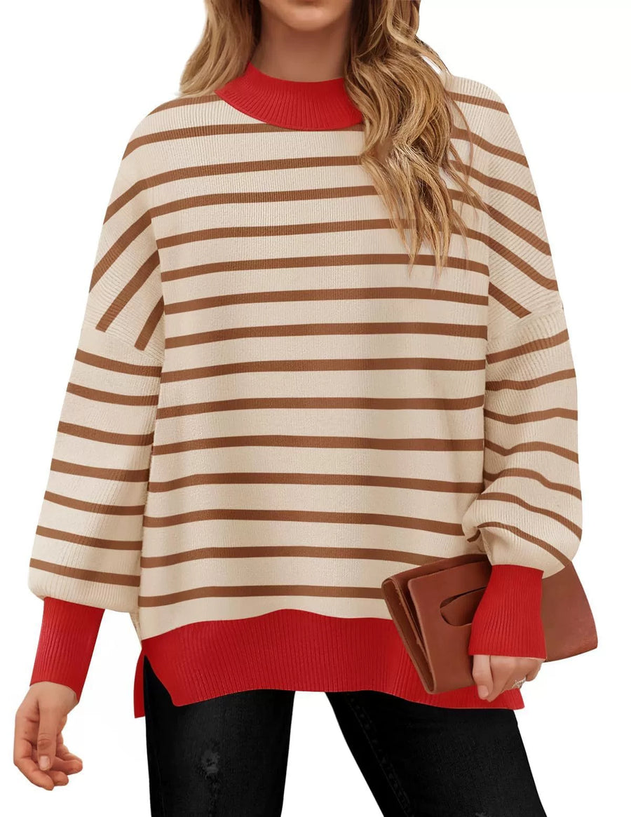Contrasting Round Neck Striped Pullover Sweater for Women