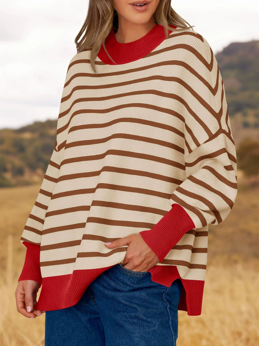 Contrasting Round Neck Striped Pullover Sweater for Women
