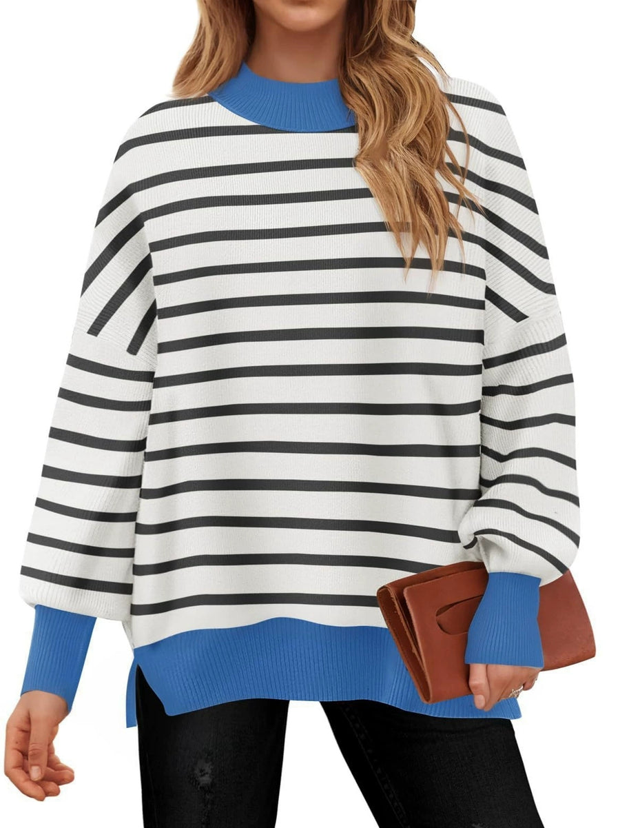 Contrasting Round Neck Striped Pullover Sweater for Women