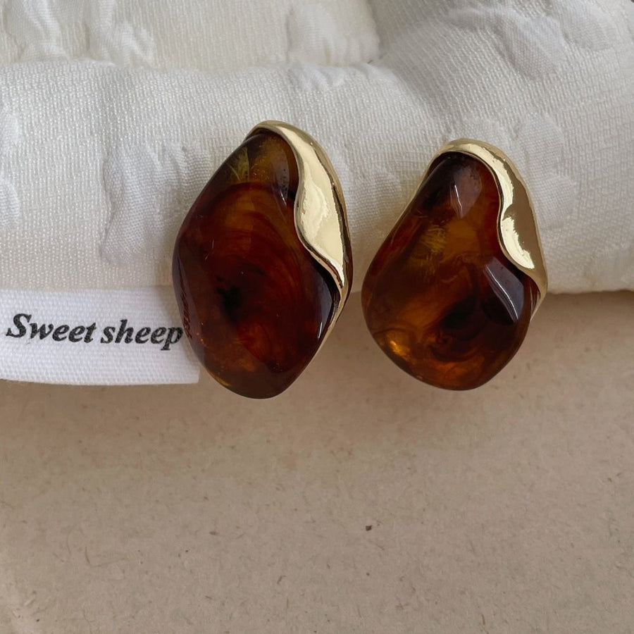 Retro Brown Stud Earrings - Chinese Style Maillard Resin Alloy