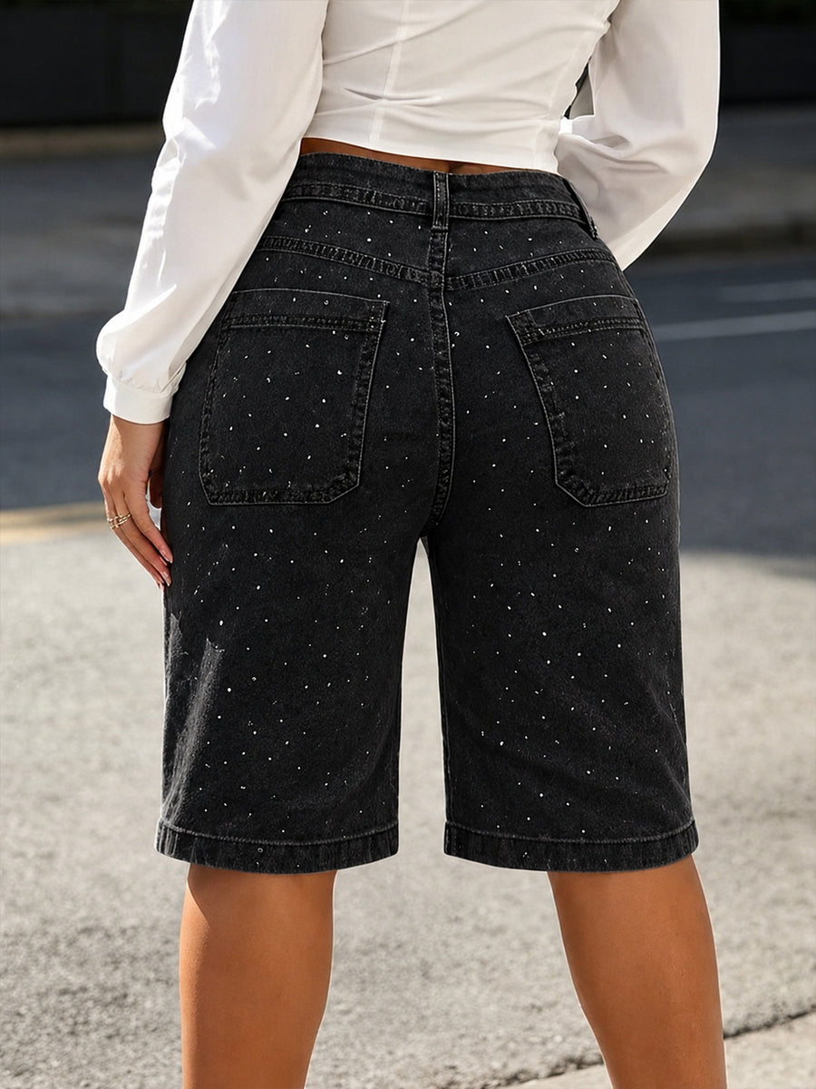Summer Women's Rhinestone-Embellished Cropped Jeans