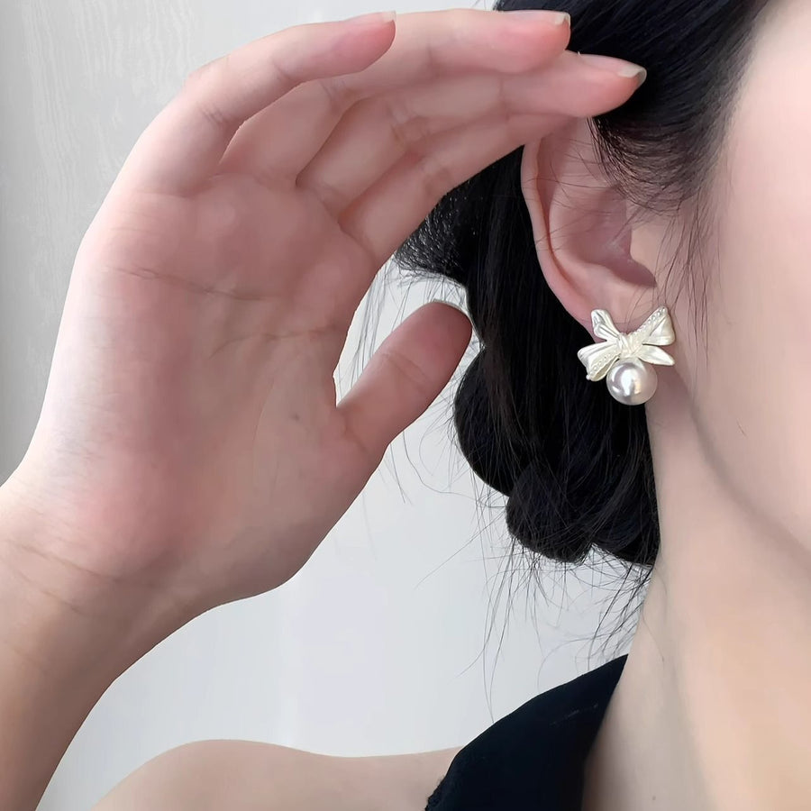 Elegant French Vintage White Pearl Bow Earrings