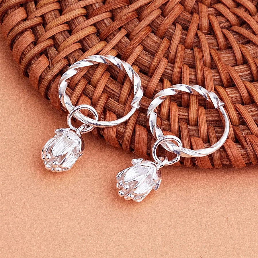 9999 Pure Silver Earrings for Women - Lotus Shaped Ear Cuffs