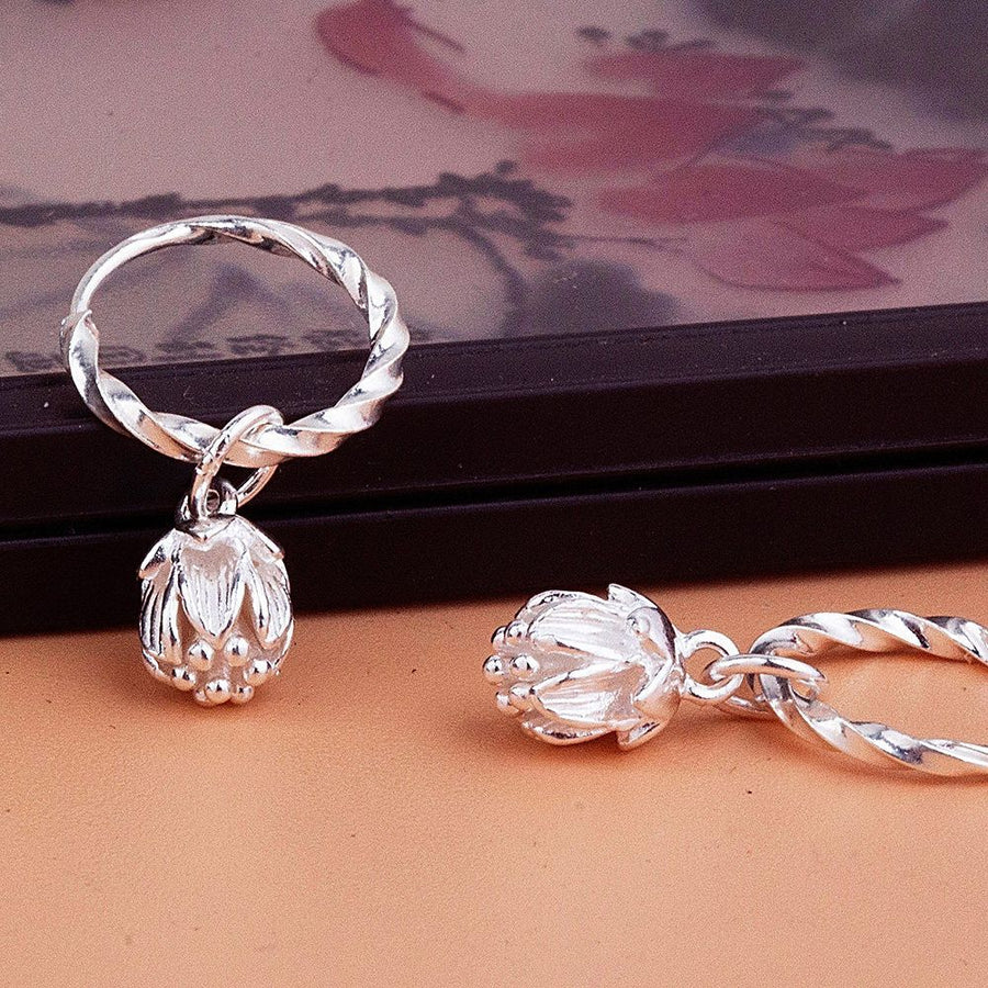 9999 Pure Silver Earrings for Women - Lotus Shaped Ear Cuffs