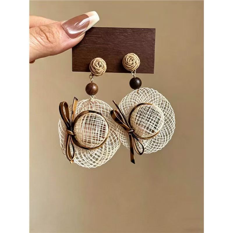 Beach Vacation Style Leather Bow Woven Straw Hat Earrings