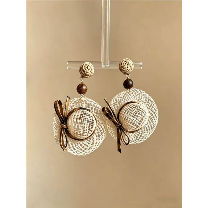 Beach Vacation Style Leather Bow Woven Straw Hat Earrings