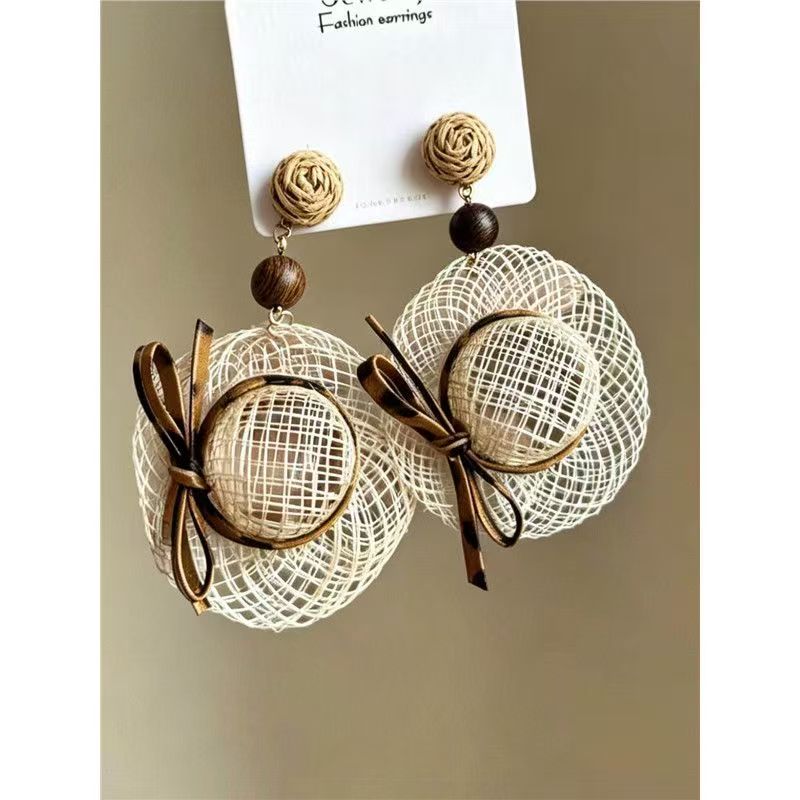 Beach Vacation Style Leather Bow Woven Straw Hat Earrings