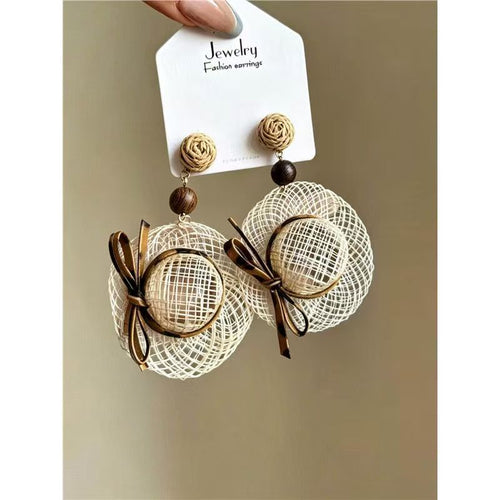 Beach Vacation Style Leather Bow Woven Straw Hat Earrings