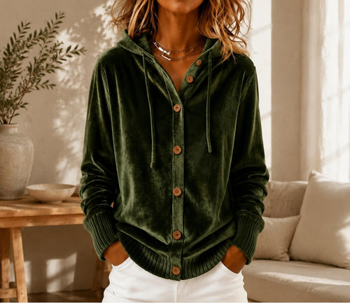 Women Vintage Velvet Hoodie Blouse - Casual Long Sleeve Shirt