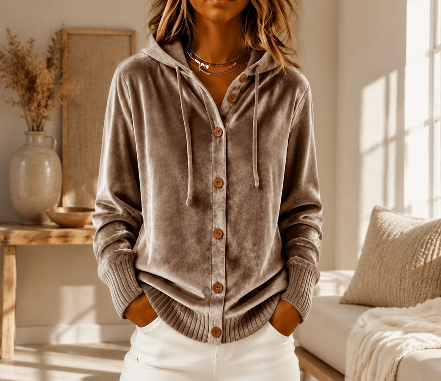Women Vintage Velvet Hoodie Blouse - Casual Long Sleeve Shirt