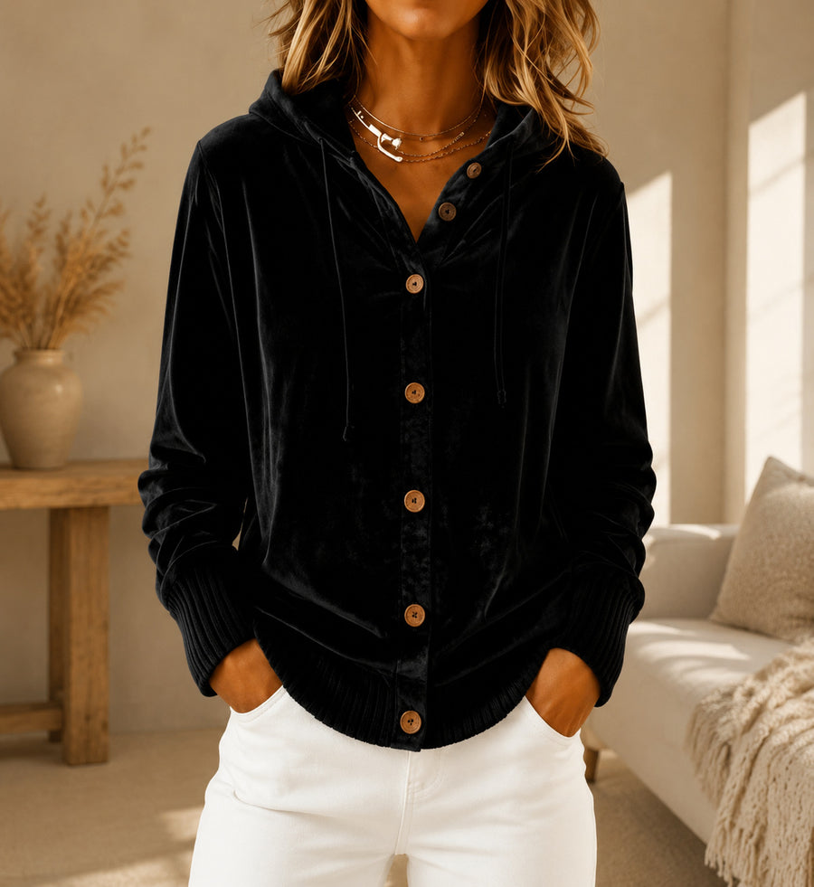 Women Vintage Velvet Hoodie Blouse - Casual Long Sleeve Shirt