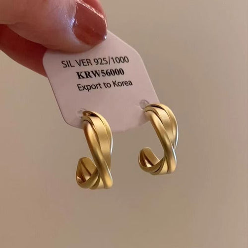 French Vintage Matte Gold C Hoop Earrings for Women
