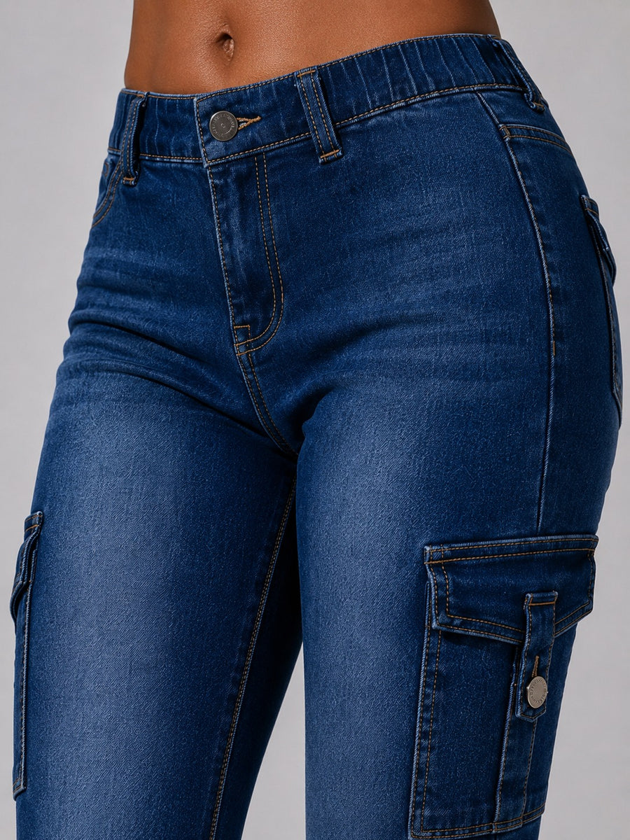 Women's High-Quality Stretch Vintage Washed Cargo Flare Jeans