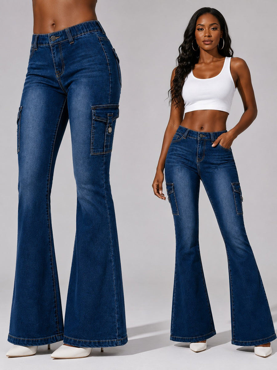 Women's High-Quality Stretch Vintage Washed Cargo Flare Jeans
