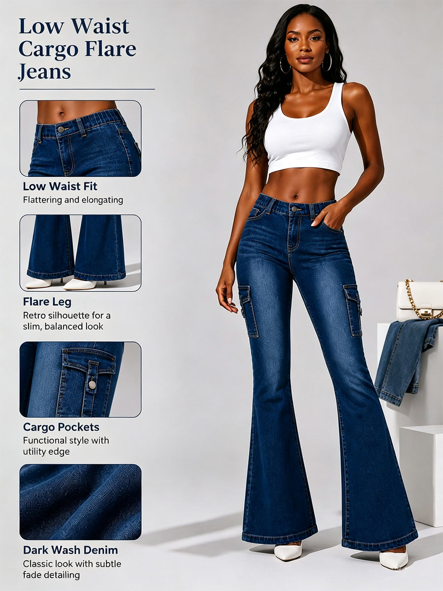 Women's High-Quality Stretch Vintage Washed Cargo Flare Jeans