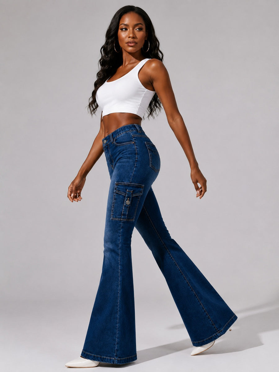Women's High-Quality Stretch Vintage Washed Cargo Flare Jeans