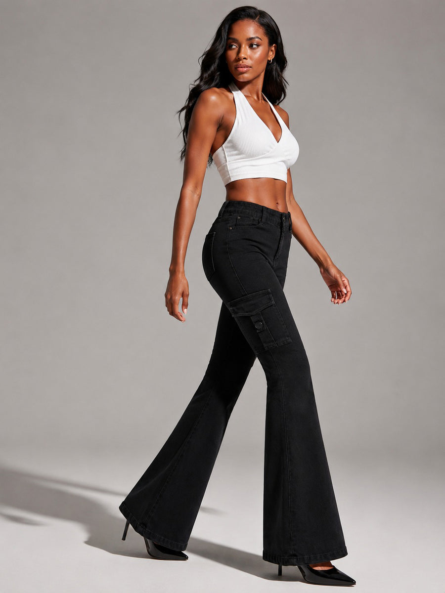 Women's High-Quality Stretch Vintage Washed Cargo Flare Jeans