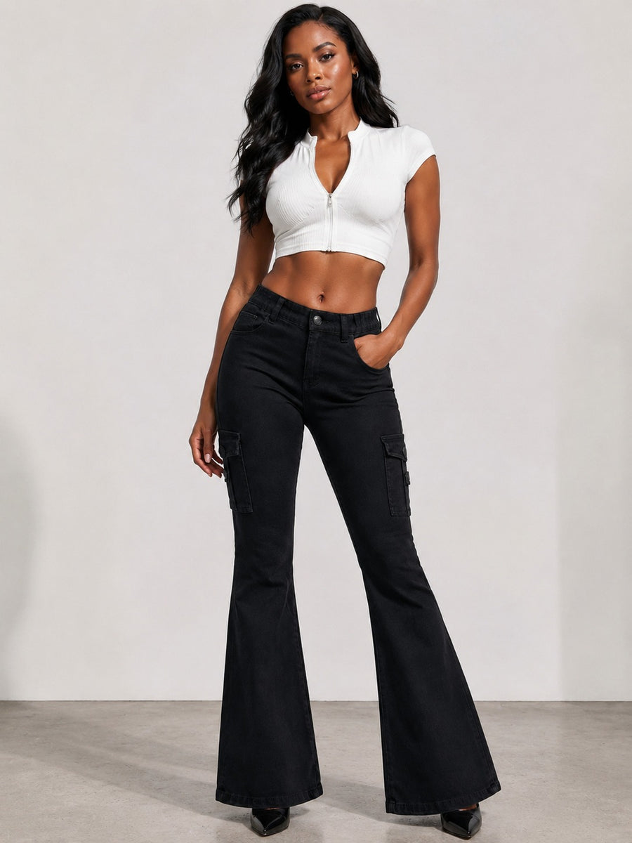 Women's High-Quality Stretch Vintage Washed Cargo Flare Jeans
