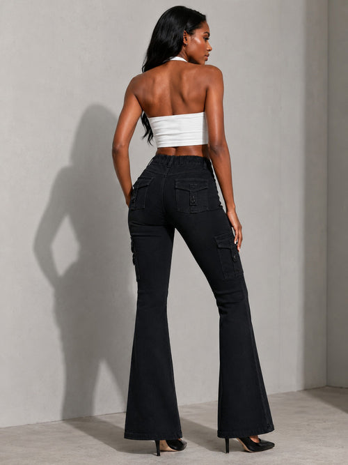 Women's High-Quality Stretch Vintage Washed Cargo Flare Jeans