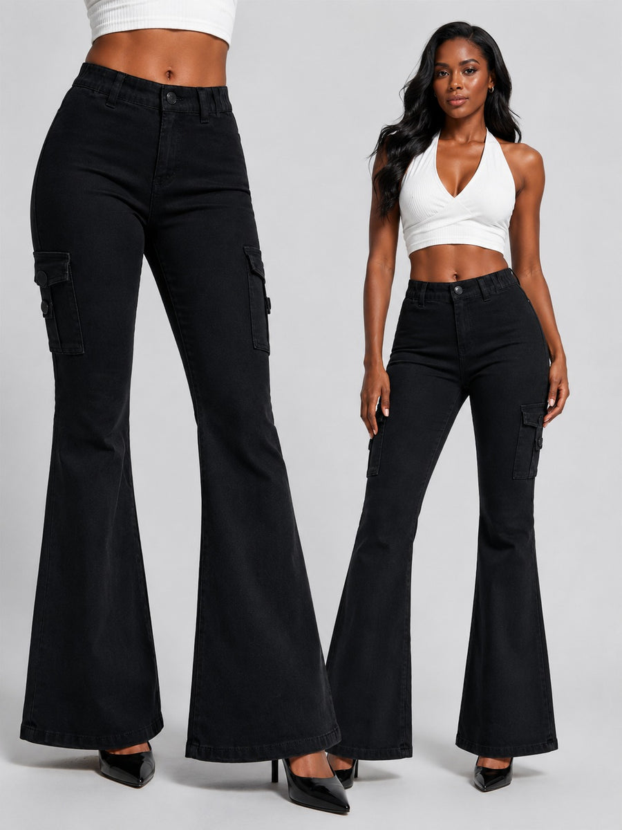 Women's High-Quality Stretch Vintage Washed Cargo Flare Jeans