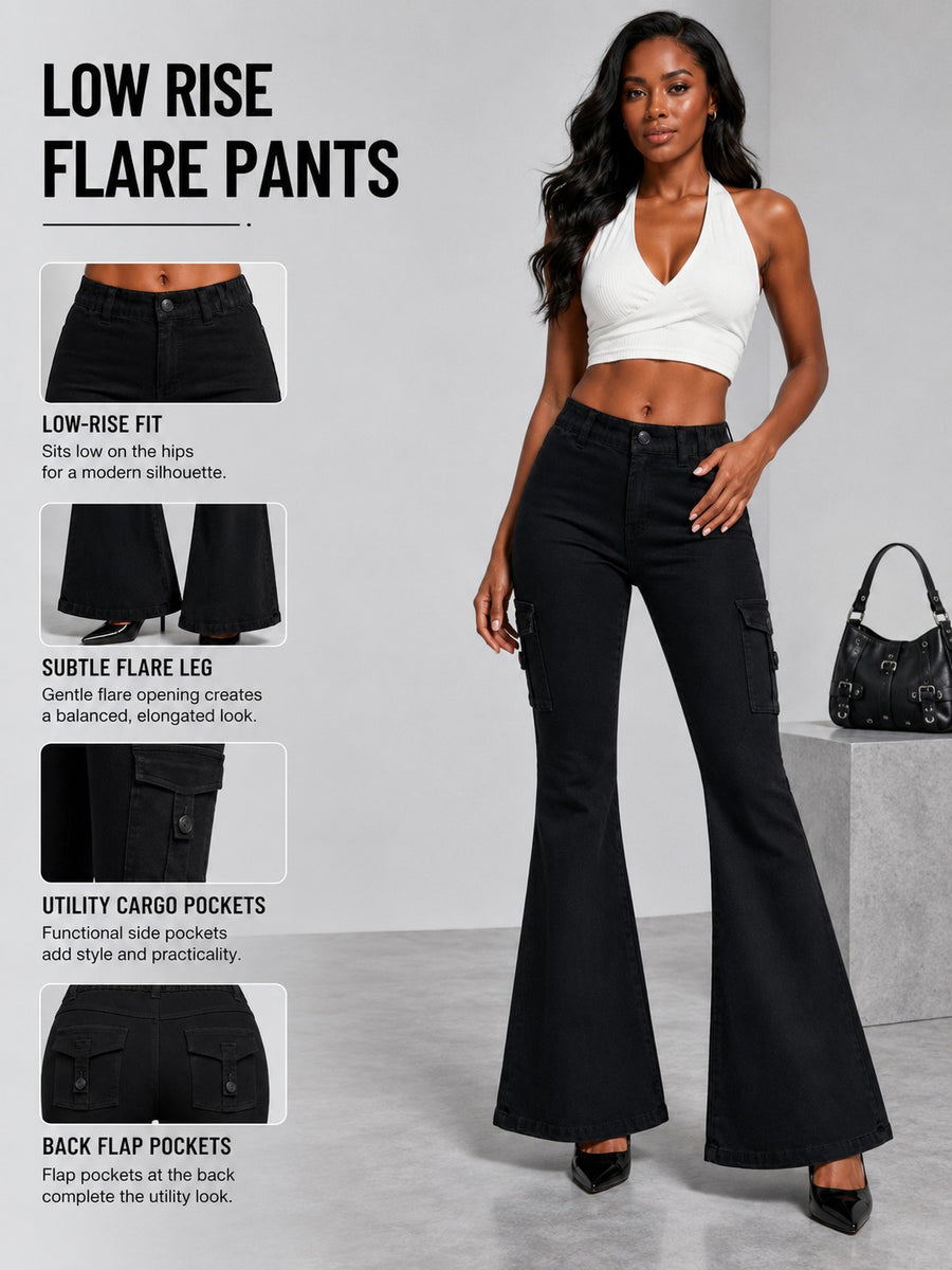 Women's High-Quality Stretch Vintage Washed Cargo Flare Jeans