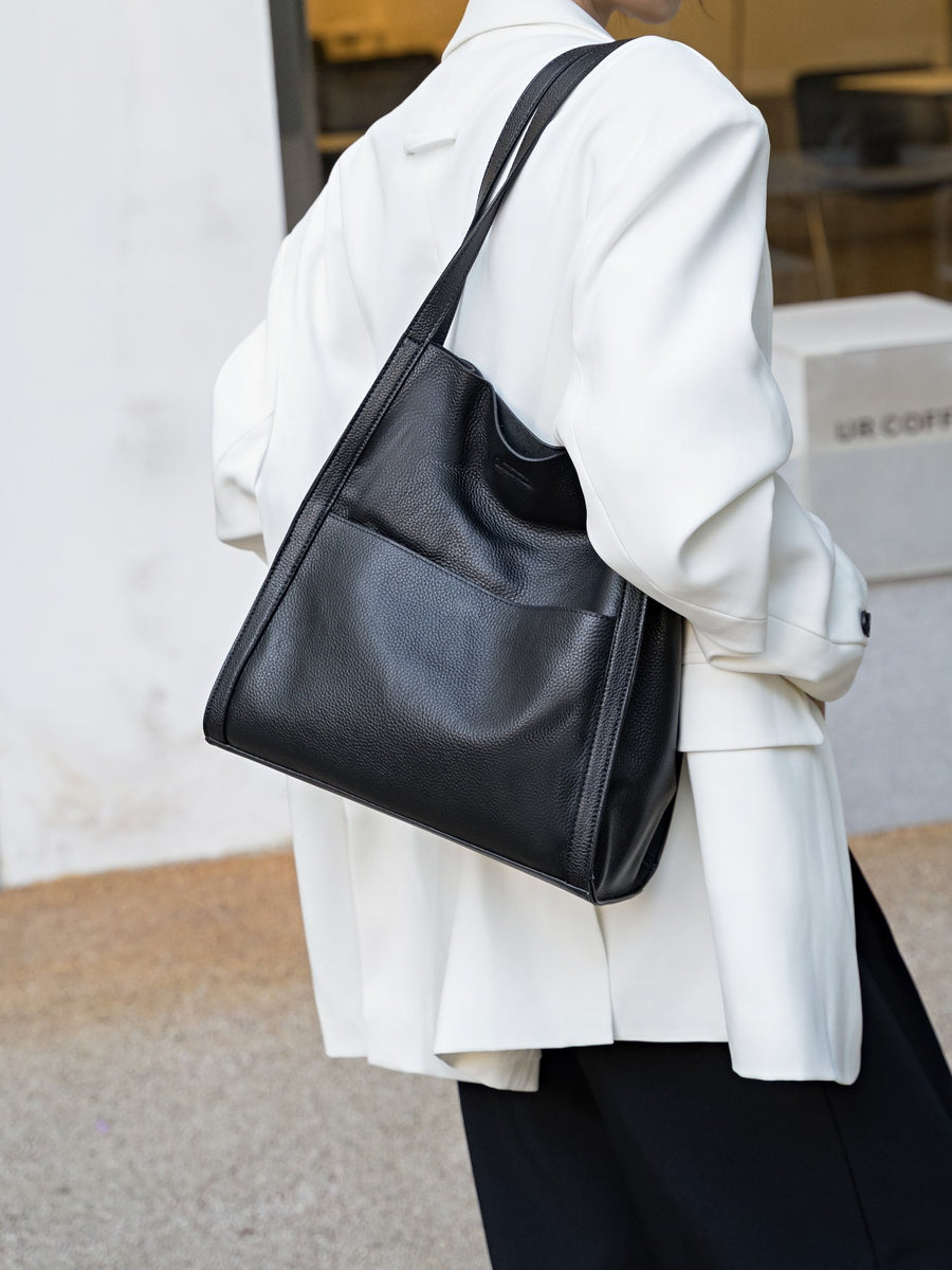 Genuine Leather Commuter Tote Bag - Large Capacity Shoulder Bag