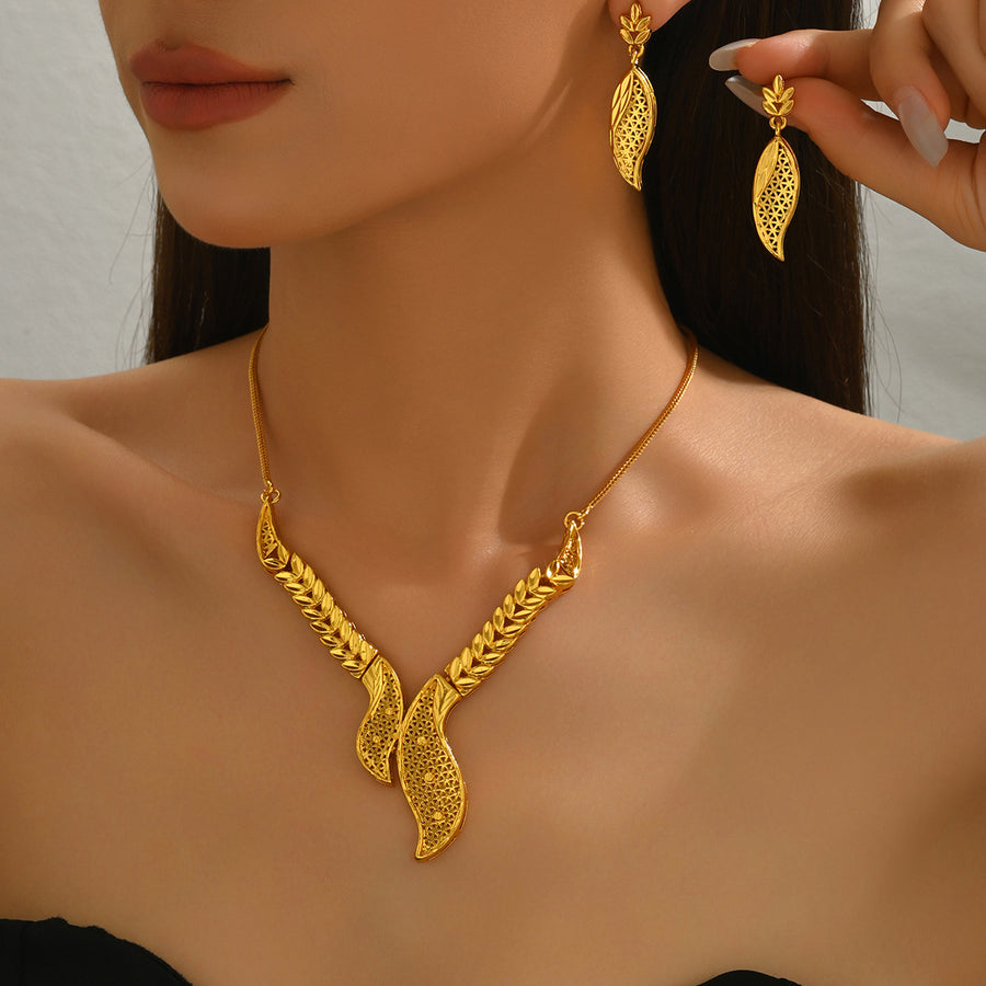 Trendy Bridal Jewelry Set - Openwork Metal Leaf Necklace