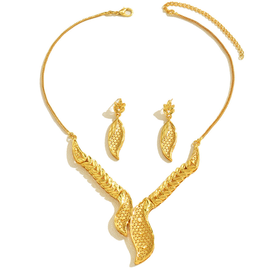 Trendy Bridal Jewelry Set - Openwork Metal Leaf Necklace