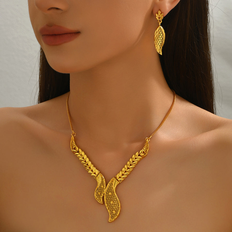 Trendy Bridal Jewelry Set - Openwork Metal Leaf Necklace