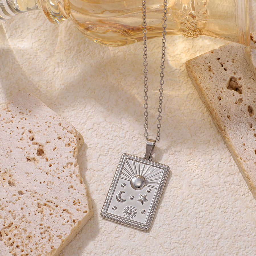 Stainless Steel Square Embossed Sun Star Pendant Necklace